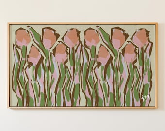 Colorful Pink Green Tulips Frame TV Art, Hand Drawn Botanical Art for Samsung, Preppy Grandmillennial Decor