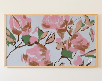 Colorful Pink Blue Green Frame TV Art, Hand Drawn Botanical Art for Samsung, Preppy Grandmillennial Decor
