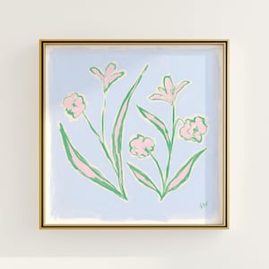 Impressão botânica floral azul, verde e rosa | Decoração de parede Grandmillennial | Arte moderna do sul | Download digital