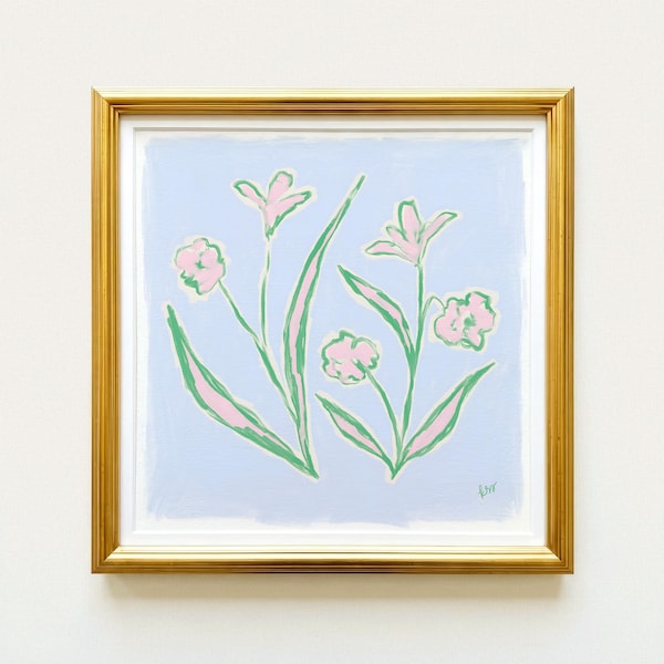 Blue, Green & Pink Floral Botanical Print | Grandmillennial Wall Decor | Modern Southern Art | Digital Download