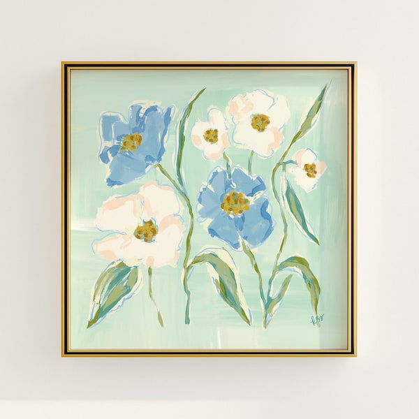 Colorful Botanical Wall Art | Blue, Green & White Floral Print | Grandmillennial Home Decor