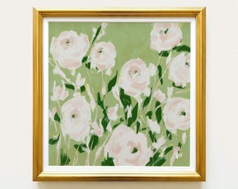 Pearl White Olive Green Roses Botanical Print | Hand Drawn Floral Wall Art | Rainey Studio