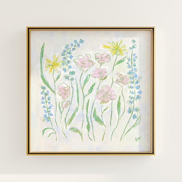 Colorful Botanical Wall Art | White, Green & Pink Floral Print | Grandmillennial Home Decor