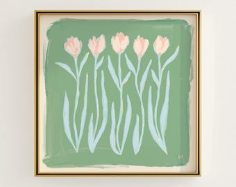 Pink & Green Tulip Floral Botanical Print | Grandmillennial Wall Decor | Modern Southern Art | Digital Download