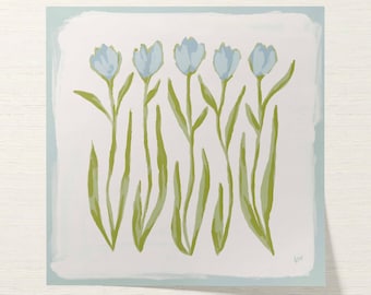Botanical Fine Art Print | Blue & Green Tulip Flowers | Modern Southern | Rainey Studio