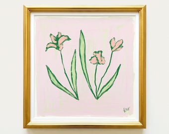 Estampado botánico floral rosa y verde / Decoración de pared Grandmillennial / Arte sureño moderno / Descarga digital