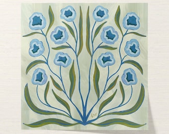 Botanical Fine Art Print | Blue, Green, & Olive Flowers | Modern Southern | Rainey Studio