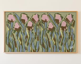 Colorful Pink Blue Green Tulips Frame TV Art, Hand Drawn Botanical Art for Samsung, Preppy Grandmillennial Decor