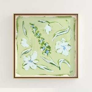 a painting of white flowers on a green background