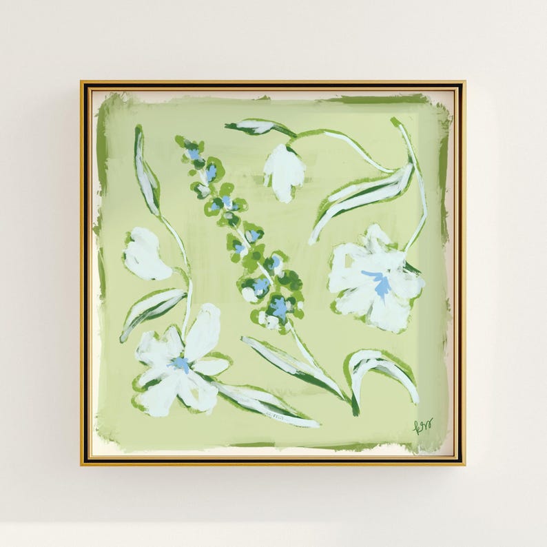 a painting of white flowers on a green background