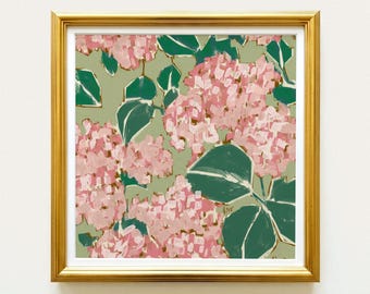 Botanical Fine Art Print | Hydrangea Flowers | Light Pink Coral Blush Green | Modern Southern | Rainey Studio