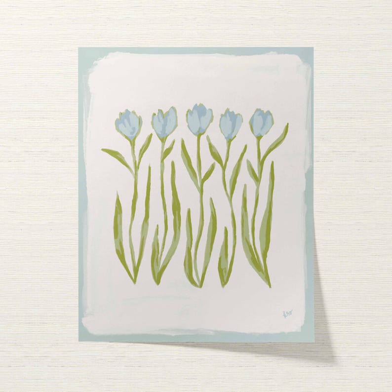 Botanical Fine Art Print | Blue & Green Tulip Flowers | Modern Southern | Rainey Studio image 3