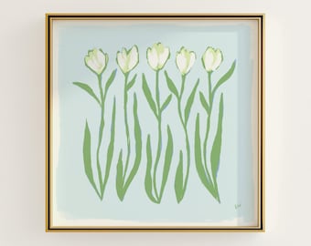 Blue & Green Tulip Floral Botanical Print | Grandmillennial Wall Decor | Modern Southern Art | Digital Download
