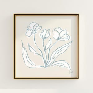 Stampa botanica floreale abbozzata blu e bianca / Decorazione murale Grandmillennial / Arte moderna del sud / Download digitale