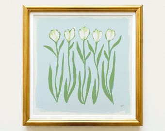 Blue & Green Tulip Floral Botanical Print | Grandmillennial Wall Decor | Modern Southern Art | Digital Download