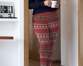 Knitted pattern leggings, Christmas red and green knitted Leggings, Christmas costume