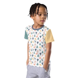 pastel colorful pine tree crew neck t-shirt, asymmetric all-over print shirt, pine tree shape pattern, unisex kids shirt