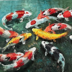 Large Oil Painted Feng Shui Koi Fish Oil Painting on Rolled Canvas with Textured Detail, 18 Koi Fishes - 6ft 6in x 3ft 5in