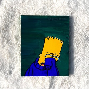 May include: A hand-painted canvas featuring a cartoon character with yellow skin and blue hair, wearing a blue sweater and crying. The background is a dark green color. The text "@kittypaintstoo" is in the top right corner of the canvas.