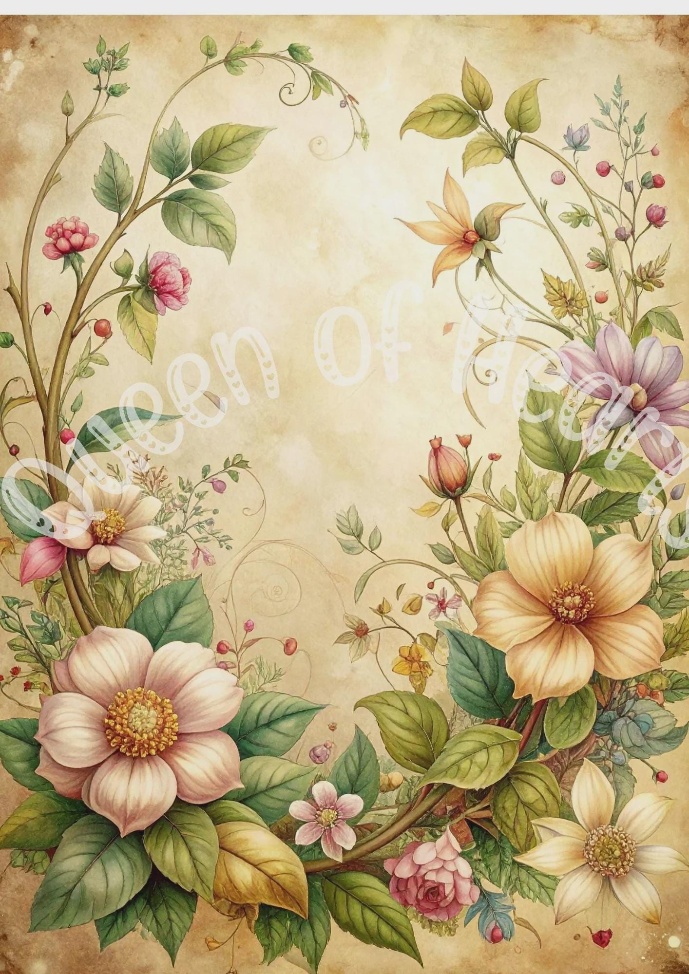 Vintage Floral Decoupage Rice Paper, Cottagecore Botanical Background ...