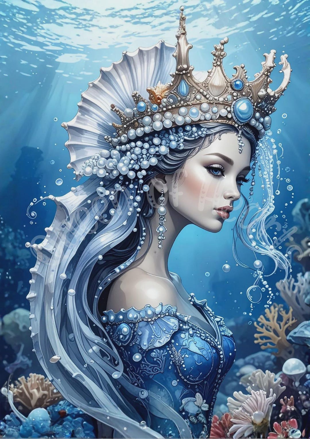 Sea Goddess Decoupage Paper, Fantasy Mermaid Queen Art, Underwater ...