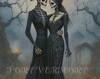 Enchanted Skulls in Twilight Decoupage Paper, Gothic Skeleton Couple Art, Dark Fantasy Rice Paper
