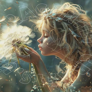 May include: A digital art image of a young person with blonde hair, wearing a crown and holding a large dandelion. The person is blowing the dandelion seeds into the air, with a soft, dreamy background.