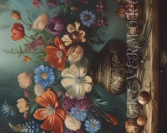 以下が含まれることがあります： 鮮やかな花の静物画。装飾的な花瓶からカラフルな花が溢れています。オレンジ、赤、紫、青、白の花がアレンジされています。花瓶は装飾的で金色のデザインです。背景は濃いティール色です。