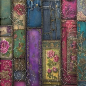 May include: A patchwork textile design featuring denim, floral patterns, and ornate details. The design incorporates various textures and colors, including blue, pink, green, and purple. The text "FLORAL TEXTILE 2" is at the bottom.