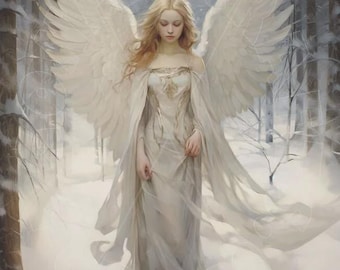 May include: A digital painting of a woman with long blonde hair and large white wings, wearing a flowing white gown. She is walking in a snowy forest, with trees in the background. The artwork has a soft, ethereal quality.