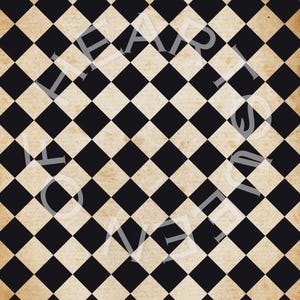 May include: A vintage-style background with a black and cream checkerboard pattern. The design features a repeating diamond grid, with alternating black and cream-coloured squares. Faint text is overlaid on the pattern.