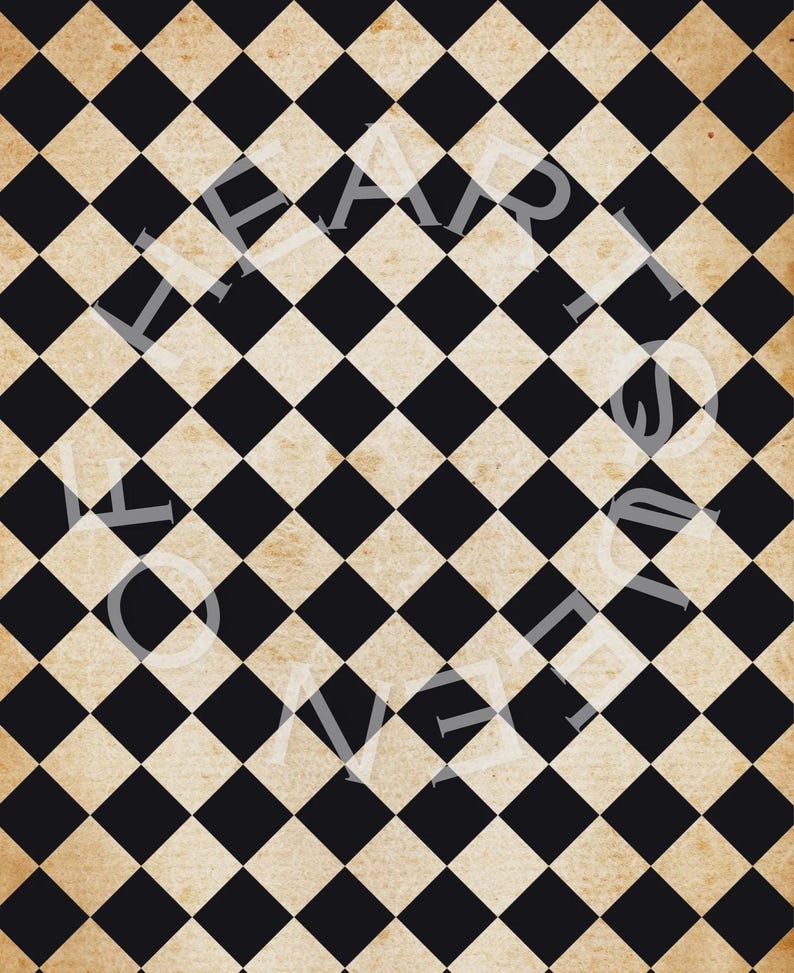 May include: A vintage-style background with a black and cream checkerboard pattern. The design features a repeating diamond grid, with alternating black and cream-colored squares. Faint text is overlaid on the pattern.