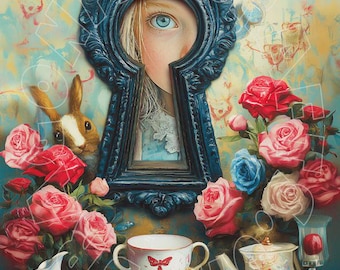 May include: An artistic illustration featuring a keyhole frame with a girl's eye peering through. A rabbit, roses, and teacups are also present. The text "THROUGH THE KEYHOLE 1" is at the bottom. The color palette includes blues, reds, and creams.