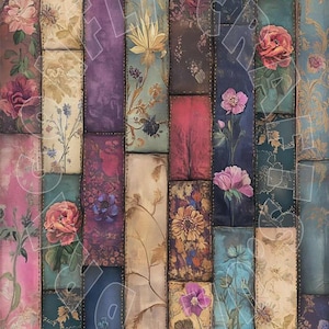 May include: A floral textile background with a patchwork design of various colours and floral patterns. The design includes pink, purple, blue, and gold hues with roses, peonies, and other flowers. The text "FLORAL TEXTILE BACKGROUND" is at the bottom.