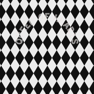 May include: A repeating pattern of black and white diamonds arranged in a grid, forming a classic harlequin design. The text QUEEN OF HEARTS is overlaid in a faint, semi-transparent white font across the center of the geometric pattern.