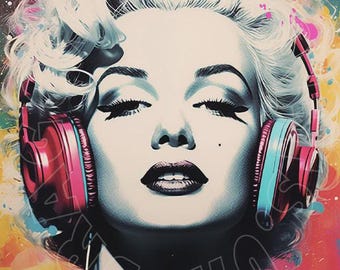 Może przedstawiać: Portret pop-art kobiety z platynowymi blond włosami w czerwonych i turkusowych słuchawkach. Obraz ma kolorowe tło z rozpryskami farby i tekstem "POP ART 8" na dole.