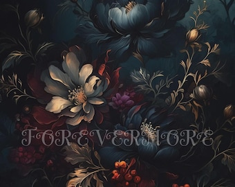 Moonlit Florals Decoupage, Dark Floral Rice Paper, Gothic Botanical Craft Sheet, Mystical Fantasy Flower Art