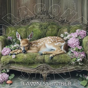 Puede incluir: Un cervatillo con manchas blancas descansa sobre un sofá verde antiguo cubierto de musgo, adornado con flores rosas. El sofá tiene tallas ornamentadas y está situado sobre un fondo de paneles de madera. El texto "FAWN SLUMBER" está en la parte inferior.