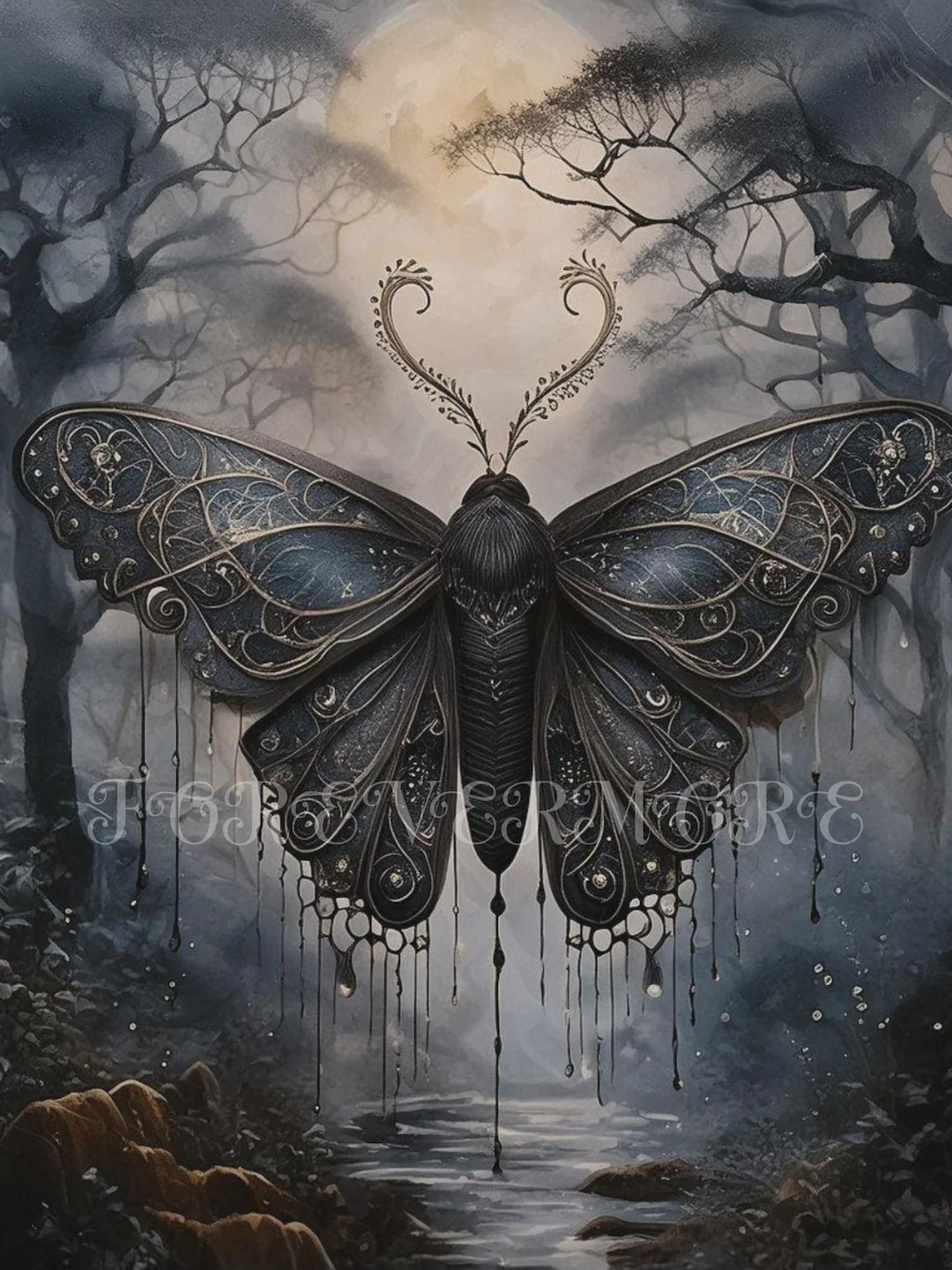 Gothic Insects Moonlit Moth Decoupage, Gothic Insect Rice Paper, Mystical Fantasy ...