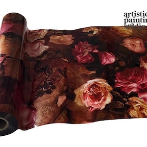 May include: A roll of decorative transfer foil featuring a dark, moody floral pattern with deep red, burgundy, and golden-yellow roses against a black background. The text "artistic painting studio" is printed in the upper right corner.