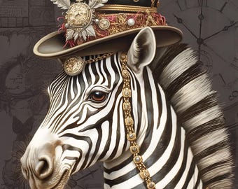 Może przedstawiać: Zebra w czarnym cylindrze ozdobionym złotym filigranem, białymi piórami i tarczą zegara. Zebra ma na szyi złoty łańcuszek z perłami i ozdobnymi złotymi medalionami. W tle widoczny jest zarys dużej tarczy zegara.