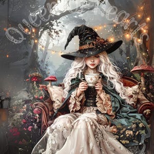 May include: An illustration of a woman in a witch costume, holding a teacup. She wears a black hat, a green cape, and a long white dress. The background features a forest with mushrooms and fairy lights. The text "Queen Hearts" is in the upper left corner.