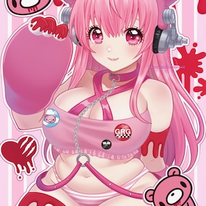 May include: An anime-style illustration of a person with pink hair and eyes, wearing a pink outfit with bear-themed accessories. The image includes a bear-shaped headset, a collar with a chain, and various bear-related graphics. The background features pink and red accents.