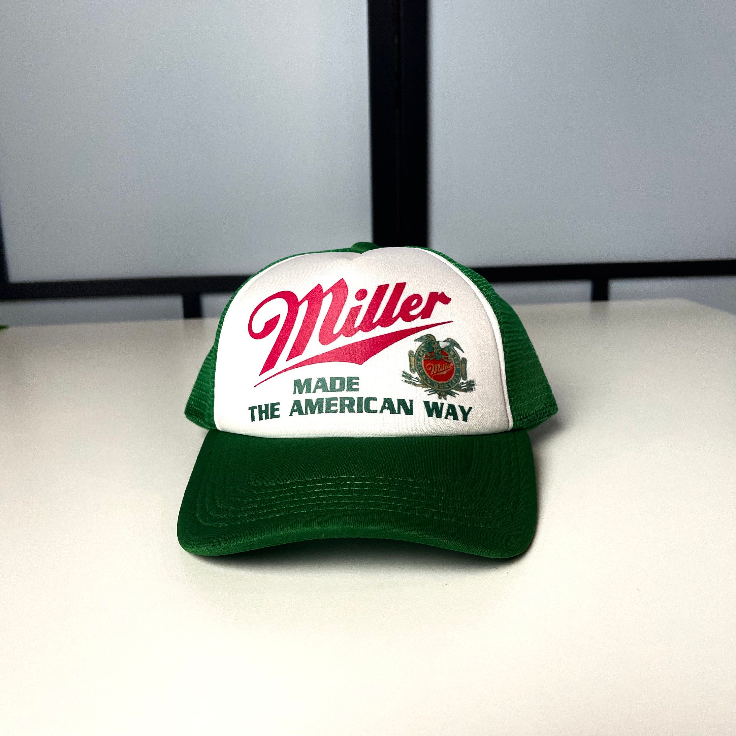 Miller Beer Trucker Hat mesh hat snap back hat Dark Green new adjustable Made the American way