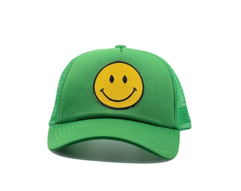 Smiley Face Green Trucker Hat with mesh snap back,  brown hat adjustable for all gift