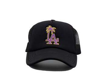 LA palm tree Black Trucker Hat with mesh snap back,  black hat adjustable for all gift