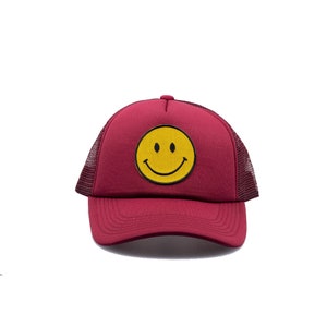 Smiley Face Burgundy  Trucker Hat with mesh snap back,  brown hat adjustable for all gift
