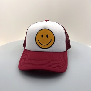 Smiley Face Burgundy  Trucker Hat with mesh snap back,  brown hat adjustable for all gift
