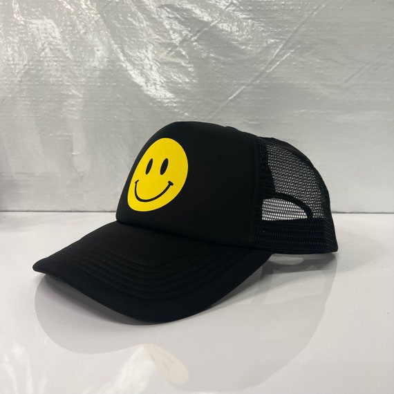 Smiley Face Trucker Hat With Mesh Snap Back, Black Hat Adjustable