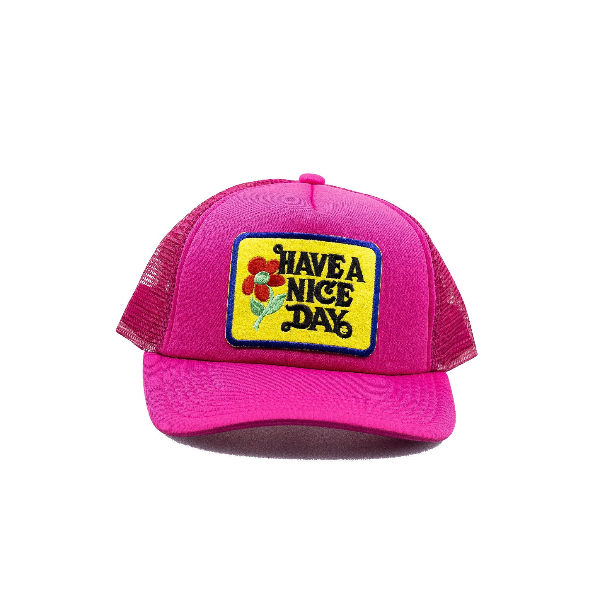 Have a Nice Day Neon Pink Trucker Hat Have A Nice Day Vintage Patch Trucker Hat (Black) at Amazon  main image 2